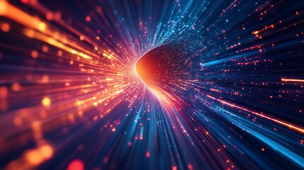 Fototapeta premium A futuristic tunnel depicts light beams and data streams moving forward