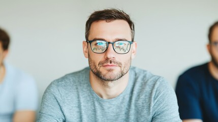 Obraz premium Focused Man in Glasses Engaged in Thoughtful Discussion Modern Office Portrait Photography Bright Environment Close-Up Professional Insight
