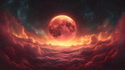 Blood moon rising above fiery clouds and stars.