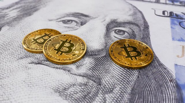 Bitcoin on Dollar and Cryptocurrency Meets Traditional Finance, 3d animation