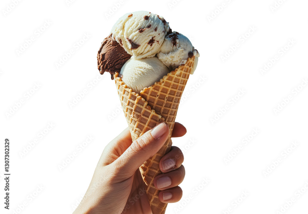 Poster picture of a hand clutching a cone filled with vanilla and chocolate ice cream set against a white b