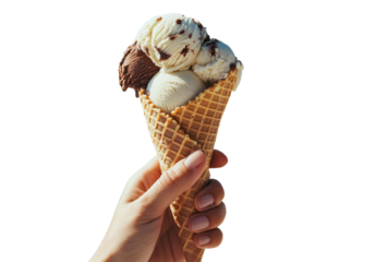 Picture of a hand clutching a cone filled with vanilla and chocolate ice cream set against a white background