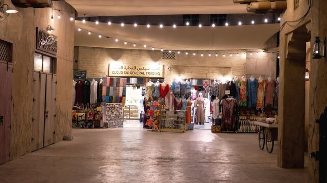 20.02.2025 Marketplace in Dubai. charming marketplace in Dubai at night. See illuminated shops selling clothes, souvenirs and other merchandise. Shops with Asian traditional clothes.  