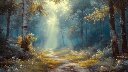 Obraz premium A serene forest scene illuminated by soft sunlight filtering through trees, creating a tranquil pathway surrounded by lush greenery and wildflowers.
