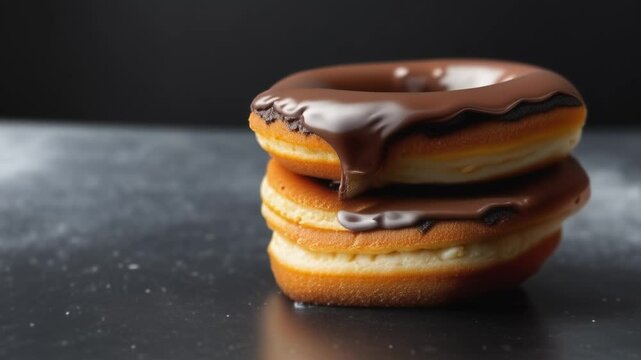 Lucious donuts stacked on top of each other they are dark chocolate slightly melting