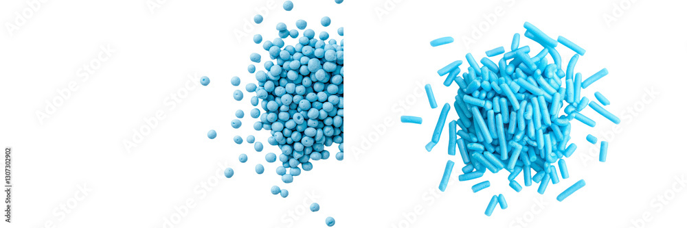 Poster Isolated blue chocolate sprinkles on a white background display their texture when viewed from the top