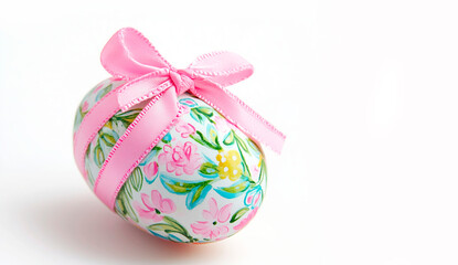 Elegant Easter egg with intricate pink floral patterns, wrapped in a soft pink ribbon tied into a bow on white background. The delicate design and pastel colors. copy space

