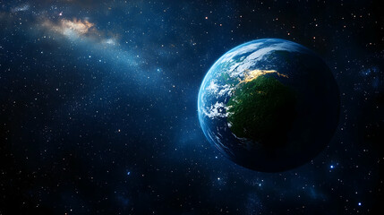 Earth from space, showing continents, clouds, and stars.