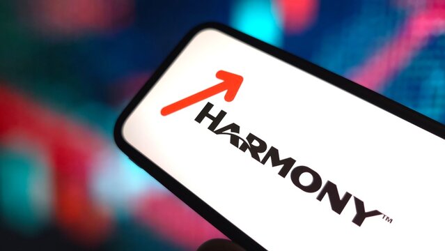 Konskie, Poland - March 03, 2025: Harmony Gold company logo displayed on mobile phone