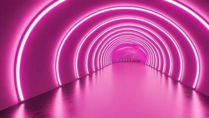 Naklejka premium Modern tunnel interior with glowing pink neon lights creating a vibrant, futuristic atmosphere ideal for contemporary design and architectural imagery