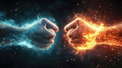 Close-up of two powerful fists colliding in a dramatic moment, the impact point glowing with intense, radiant energy. Sparks and vibrant light in shades 