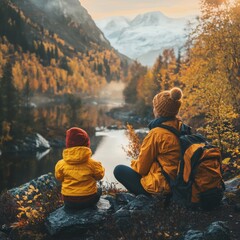 A Serene Autumn Adventure Mother and Child in Nature