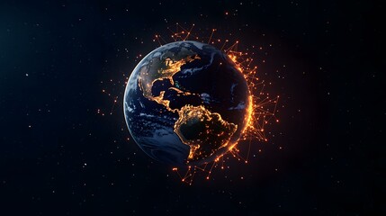 The image shows a 3D rendering of planet Earth at night, with city lights glowing brightly.  A network of interconnected nodes and lines of light encircles the planet, symbolizing global connectivity