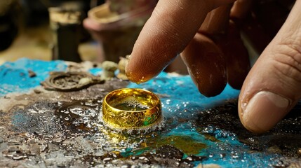 Dipping Gold Ring into Cleaning Solution with Bubbles Forming Around