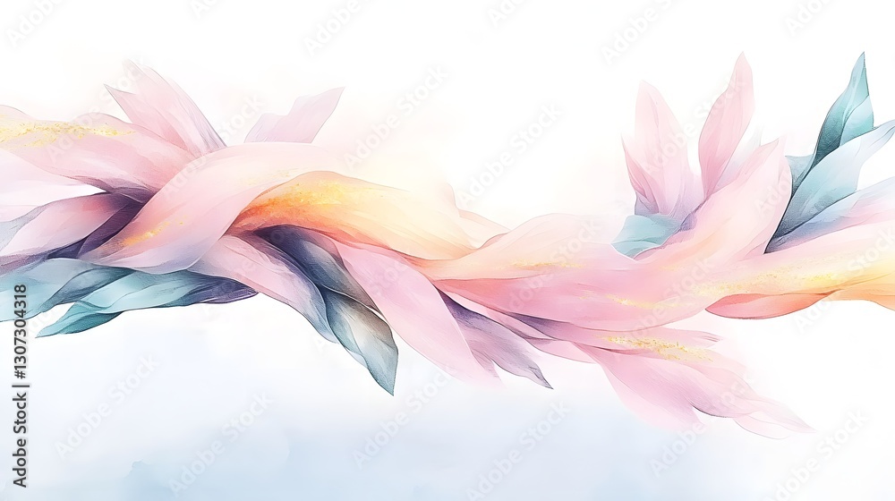 Poster enchanting fluid art inspired digital painting with pastel blues and pinks accented by shimmering go