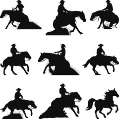 Western Horse Reining Silhouettes, Black and white vector flat illustration Sliding stop reining western horse and rider silhouette