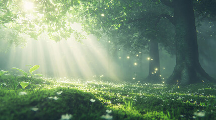 Obraz premium Sunlight filtering through trees in a serene forest nature photography tranquil environment beautiful view peaceful concept