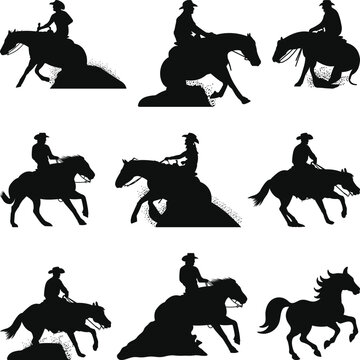 Western Horse Reining Silhouettes, Black and white vector flat illustration Sliding stop reining western horse and rider silhouette