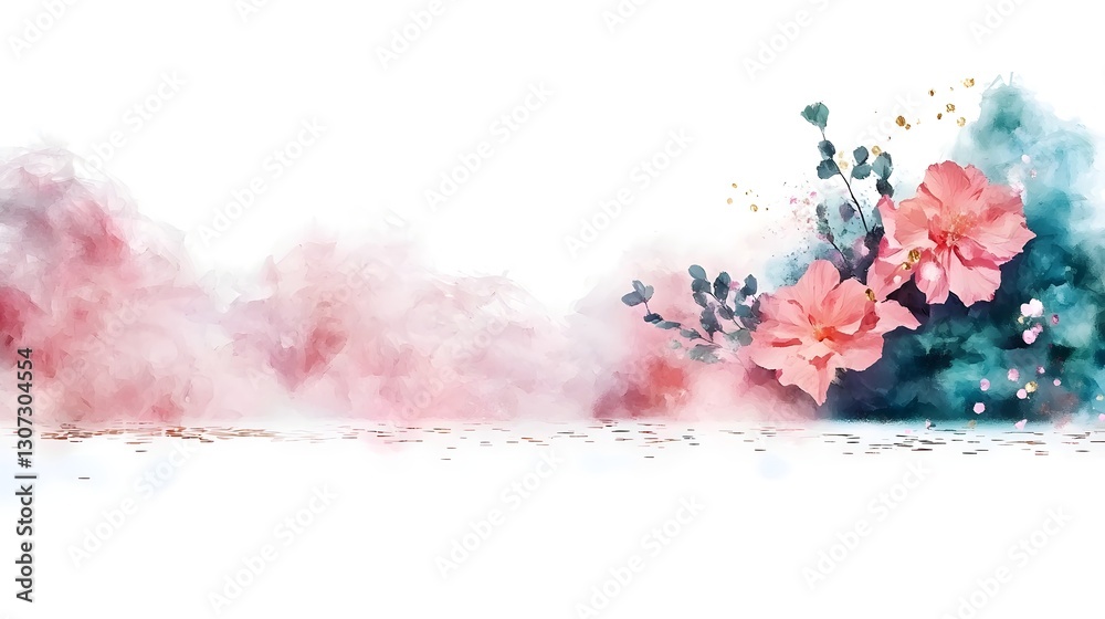 Poster ethereal and elegant abstract composition with gracefully merging pastel blue and pink hues accented