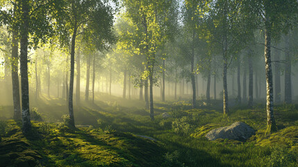 Obraz premium Enchanting morning light illuminates lush forest nature scene tranquil environment serene viewpoint