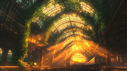Obraz premium A sunlit train station covered in green plant life indoors