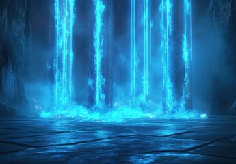 Fototapeta premium Mystical Blue Light Columns Emanating from Dark Cave Floor with Foggy Atmosphere and Reflections in a Surreal Fantasy Environment
