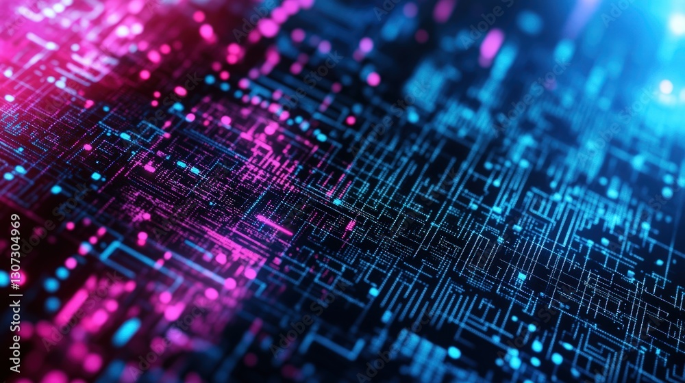 Poster abstract circuit board with neon blue and magenta lines and dots creating a complex technological ba