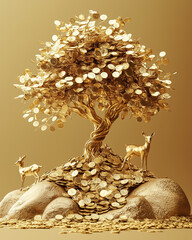 Golden Money Tree Surrounded by Deer on Rocks, Traditional Chinese Painting Style