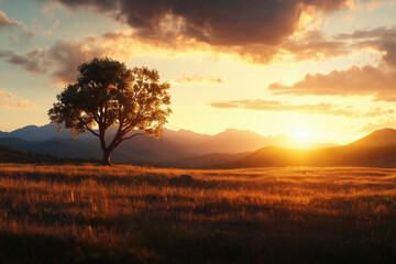Majestic Sunset Landscape: Lone Tree in Golden Meadow with Mountain Panorama
