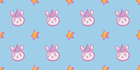 Colorful seamless pattern featuring cute unicorn bunnies and stars on a vibrant blue background for baby-themed decor