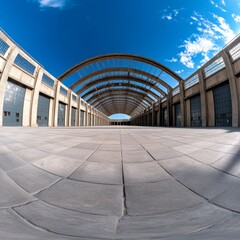 Fototapeta premium Empty Industrial Hangar Panorama - Vast, empty industrial space; symbolising potential, solitude, architecture, industry, and history. A panoramic view of a large, empty hangar