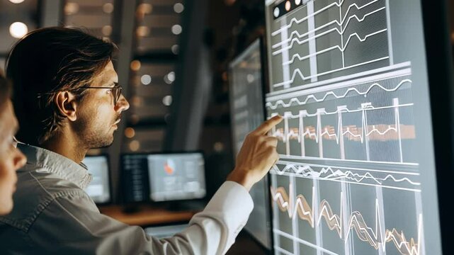 A focused IT spet adjusting settings on a holographic interface with waveforms and security algorithms visually responding to their inputs in realtime.
