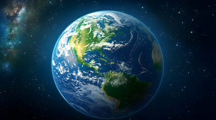 Fototapeta premium Earth, planet, space, cosmos, galaxy, stars, clouds, ocean, continents, blue, green, world, globe.