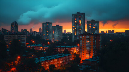 Obraz premium Cityscape at sunset, dramatic clouds, apartment buildings illuminated.