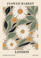 Abstract Flower Market London poster. Trendy botanical wall art with daisy floral design in trendy sage green colors. Modern naive groovy funky interior decoration, painting. Vector art illustration.