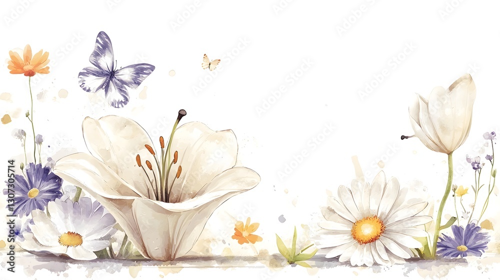 Poster elegant and detailed botanical showcasing a harmonious pattern of lilies butterflies and blooming fl