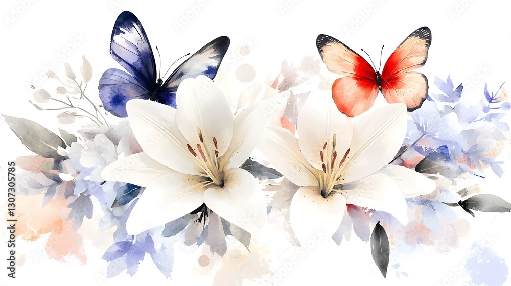 Aufkleber an elegant and detailed botanical showcasing a harmonious pattern of lilies butterflies and blooming
