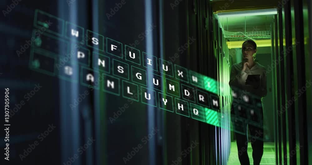 Poster processing data, person working in server room with animated overlay effects