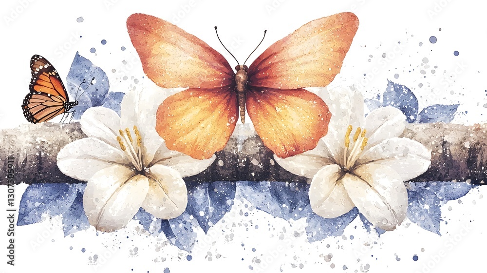 Poster An exquisite botanical showcasing a harmonious pattern of lilies butterflies and blooming flowers in a captivating array of soft calming colors