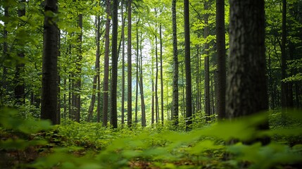 Obraz premium Tall green trees are growing within a sunlit forest scene