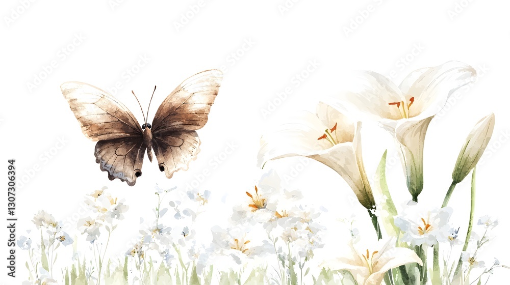 Poster A beautifully intricate nature inspired a seamless floral and butterfly pattern with delicate lilies and soft botanical elements adding to its timeless elegance and appeal