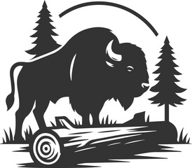 Buffalo standing near a fallen log animal vector silhouette