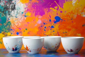 Colorful paint splattered white bowls against vibrant abstract background