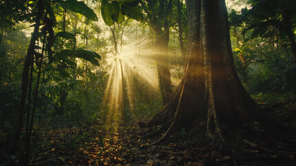 Obraz premium Sunlight filtering through lush forest trees tropical rainforest nature photography tranquil environment ground-level view serenity