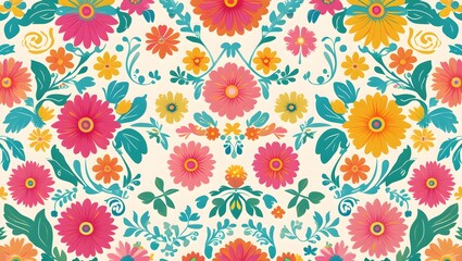 A vibrant vector set of traditional Mexican folk ornaments featuring intricate, symmetrical patterns of colorful flowers, including marigolds, daisies, and sunflowers, paired with lush green leaves.