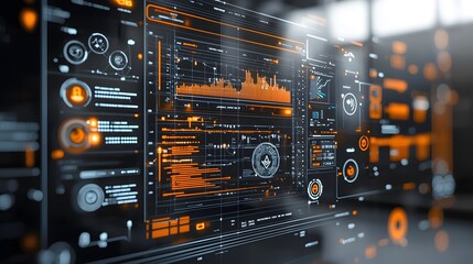 Naklejka premium Futuristic AI Driven Financial Growth Dashboard with Cryptocurrency Trend Visualization Floating icons of blockchain data analytics cloud driven automation and smart trading bots