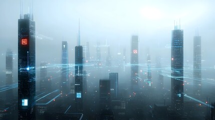 Obraz premium Futuristic AI-Powered City Skyline with Glowing Digital Grid and Automated Vehicles