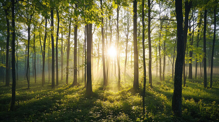 Obraz premium Sunlight filtering through trees in a lush forest nature scene tranquil environment morning light