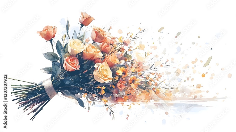 Poster exquisite botanical watercolor showcasing a rich bouquet of flowers in a spectrum of vibrant colors 