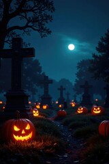 Fototapeta premium Graveyard at dusk with glowing pumpkins and lanterns, moonless night, darkening sky, autumn foliage